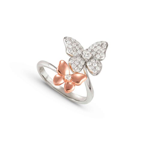 SweetMadame ring, Butterflies and White CZ Sterling silver ring with CZ decorated details