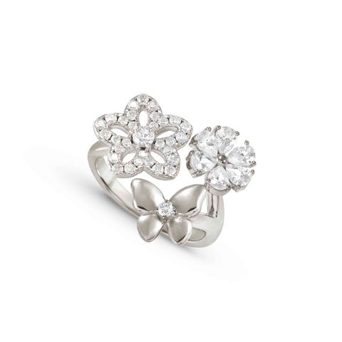 SweetMadame ring, Flowers and Butterfly Sterling silver ring, 2 Flowers, 1 Butterfly with CZ