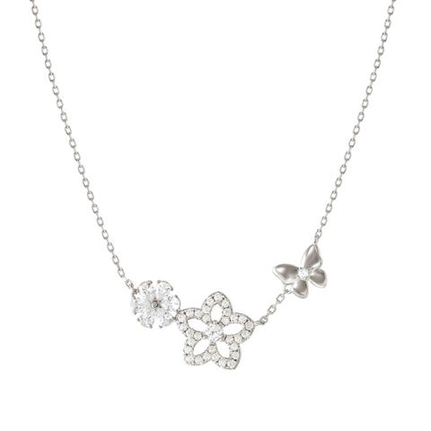 SweetMadame necklace, Sparkling Flowers and Butterflies,  Sterling silver SweetMadame necklace with CZ pavé