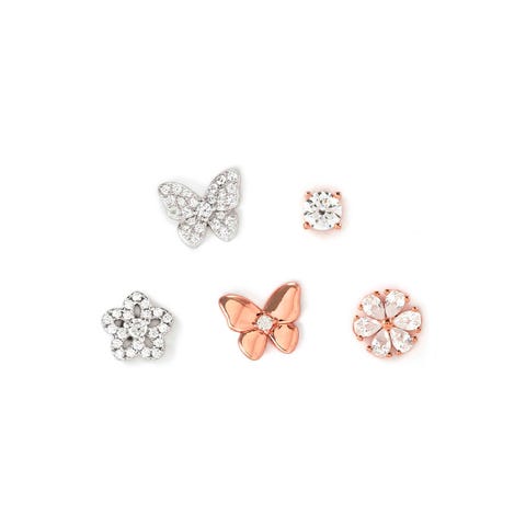 Ohrringe Set SweetMadame Silber und Roségold mit Cubic Zirkonia 5 Ohrringe SweetMadame in 925er Silber Blumen und Schmetterlinge