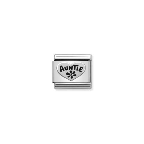 Composable Classic Auntie Heart Link in Enamel Link with writing and Heart in black enamel
