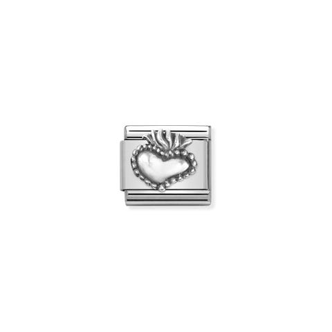 Composable Link, Sacred Heart, sterling silver Link in stainless steel with religious symbol in sterling silver