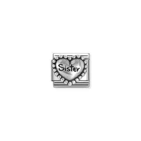 Composable Classic Link, Heart SISTER, vintage look Link with sterling silver with Heart and text SISTER
