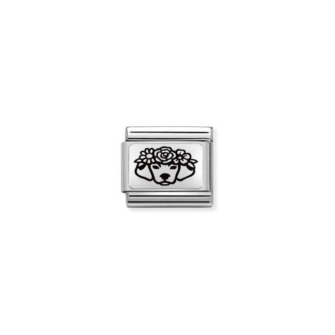 Composable Classic Link, Dog with flowers Link with sterling silver plate, Black engraving