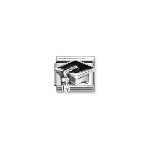 Composable Classic Link, Graduation Hat Stainless steel Link with silver symbol with Black decorative enamel