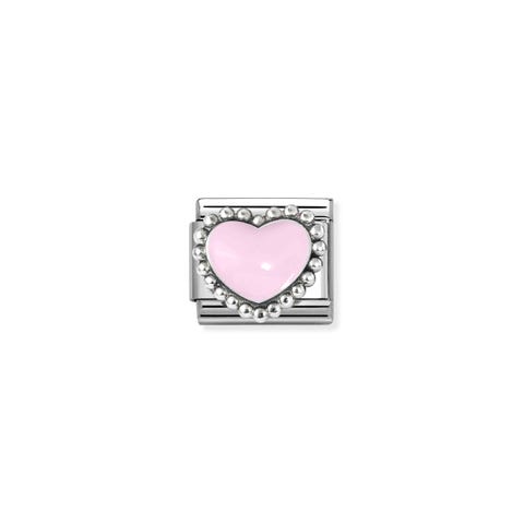 Composable Classic Link, Pastel Pink Heart, beaded setting Stainless steel Link with Pastel Pink enamel and silver