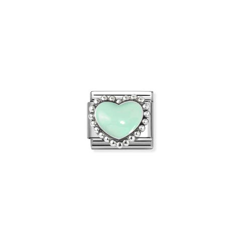 Composable Classic Link, Pastel Green Heart, beaded setting Stainless steel Link with Pastel Green enamel and silver