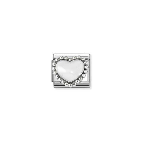 Composable Classic Link, White Heart, beaded setting Stainless steel Link with White enamel and silver