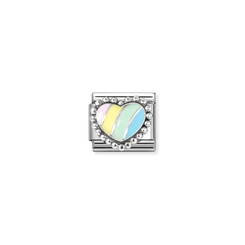 Composable Classic Link, Pastel Stripe Heart, beaded setting Stainless steel Link with Coloured enamel and silver