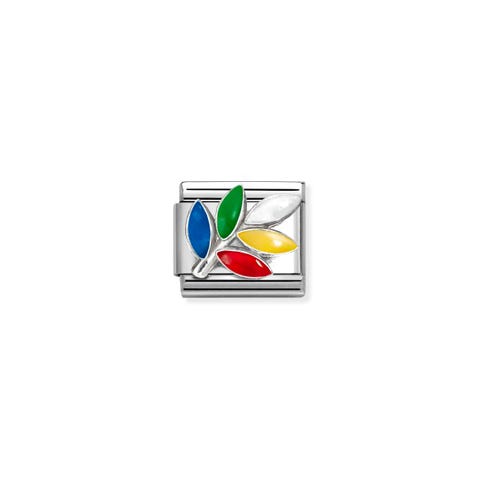 Composable Classic Link Olivenblatt Regenbogen Link in Edelstahl mit Symbol in 925er Silber und bunter Emaille auf Blättern