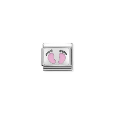 Composable Classic Link pink Footprints symbol Sterling silver and enamel Link for Newborn Daughter