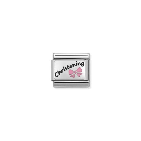 Link Composable Classic Battesimo Rosa Scritta in inglese in Smalto nero e fiocco rosa