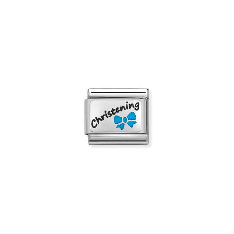 Link Composable Classic Battesimo Celeste Scritta in inglese in Smalto nero e fiocco azzurro