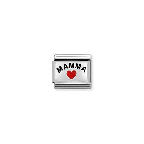 Composable Classic Red Heart Mamma Link Link with writing and coloured enamel. #oneformeoneforyou
