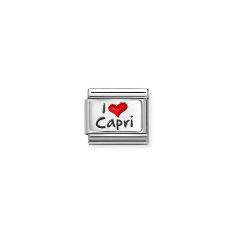 Link Composable classique I love Capri Link en acier et argent avec message et cœur en émail