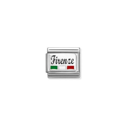 Composable Classic Link, FIRENZE with flag Stainless steel Link decorated with silver plate, Black text and coloured enamel