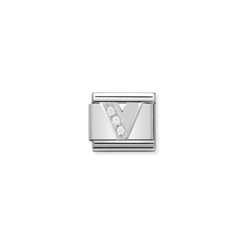 Link Composable Classic in Argento Lettera V Link in Acciaio con Lettere in Argento e Cubic Zirconia