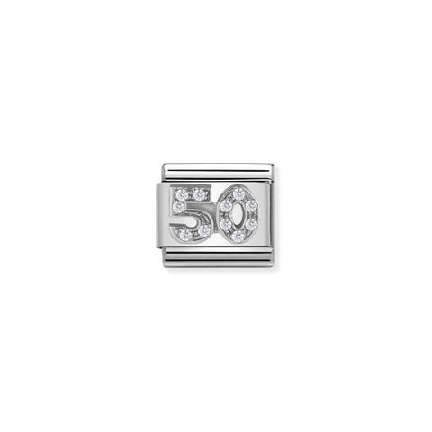 Link Composable Classic Número 50 con Piedras Link en Acero, Plata 925 y Piedras blancas