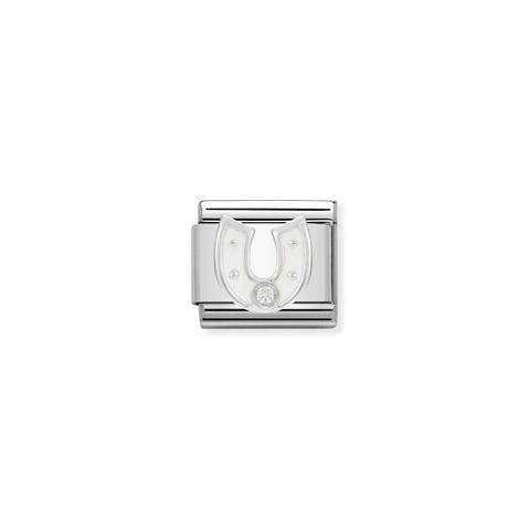 Composable Classic Link Silber Hufeisen Weiß Link 925er Sterlingsilber, Emaille  Weiße Steine  Glück
