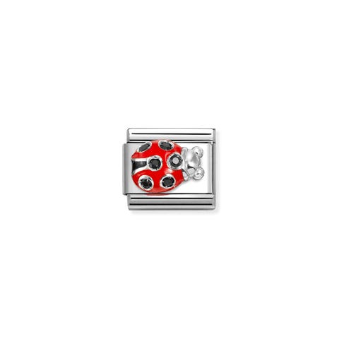 Link Composable Classic Coccinella in Argento e Zirconi Neri Link in Acciaio e Argento con Smalto Colorato e Zirconi neri