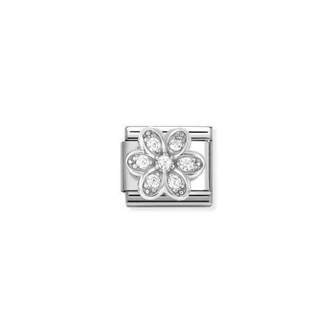 Composable Classic Link, Daisy with White CZ Stainless steel Link with Daisy decoration in silver with CZ