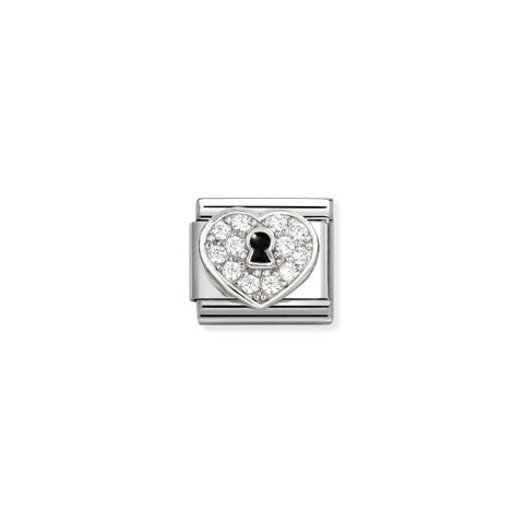 Composable Classic Link, CZ Heart with Keyhole Stainless steel Link with sterling silver and Cubic Zirconia