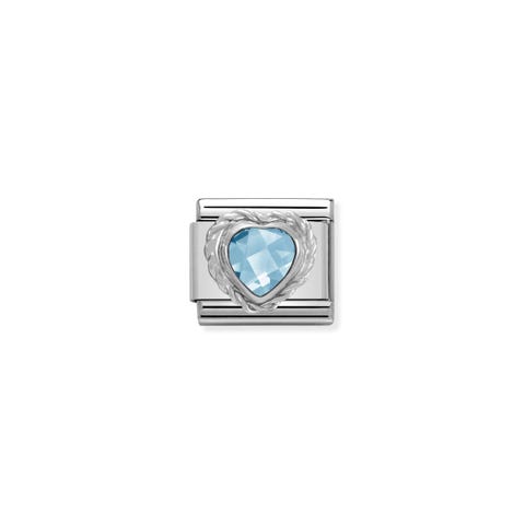 Composable Classic Link Heart-shaped faceted light blue Stone and Silver Link with Heart-shaped faceted light blue stone and details in silver