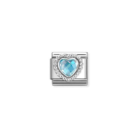 Composable Classic Link, Light Blue CZ Heart Link with Heart Cubic Zirconia and fancy setting in sterling silver