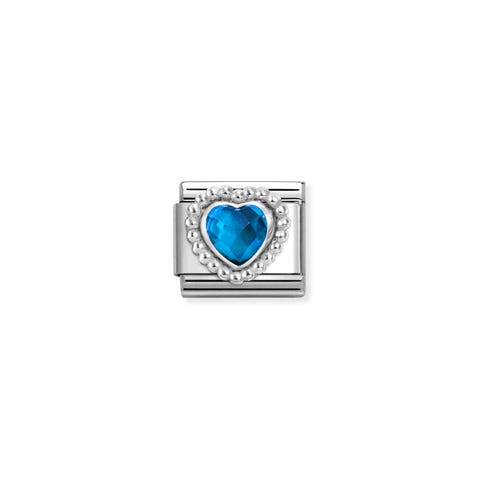 Composable Classic Link, Faceted Blue Heart,Beaded Link with coloured stone and beaded sterling silver setting