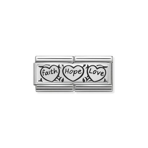 link Doble Composable Classic Faith Hope Love Link de Plata con escrita de Esmalte negro
