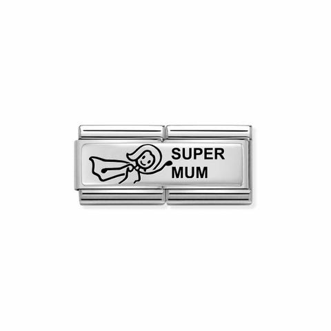 Composable Double Link SUPER MUM Link with English writing in oxidised Silver