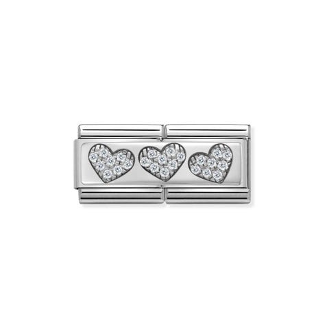 Composable Classic Double Link 3 Hearts Link with Hearts in sterling silver and white Cubic Zirconia