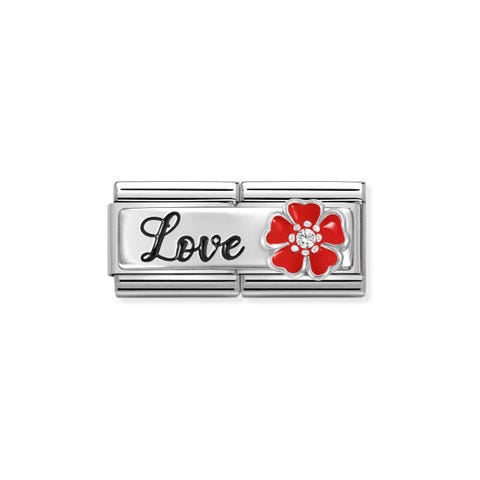 Doppio Link Composable Classic con scritta Love e Fiore Rosso Doppio Link con Placca in Argento 925 e Fiore colorato