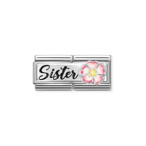 Composable Double Classic Link,SISTER Pink Flower Double Link with SISTER text in sterling silver and coloured enamel