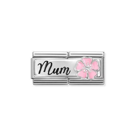 Composable Double Link, Silver, MUM, Flower Link with sterling silver and black enamel text and large Flower