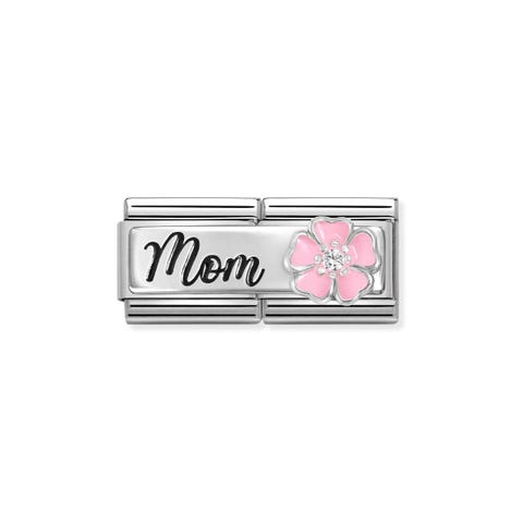 Composable Double Classic Link,MOM Pink Flower Double Link with MOM text on sterling silver plate with coloured flower