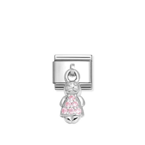 Composable Classic Link, Pendant Girl, Pink stones Stainless steel Link with symbol pendant in sterling silver