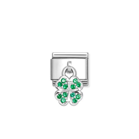 Link Composable Classic Pendentif Trèfle à 4 feuilles avec pierres vertes Link en acier avec symbole porte-bonheur en argent 925 et oxydes