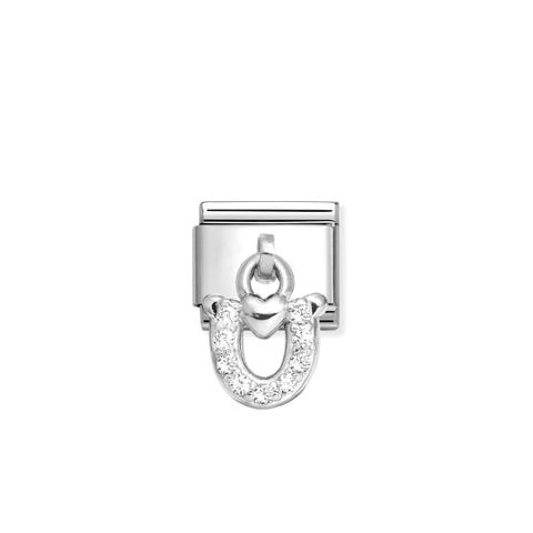Link Composable Classic pendente Ferro di Cavallo Con Pietre Bianche Link in Acciaio 316/304 con Simboli in argento 925 e Cubic Zirconia