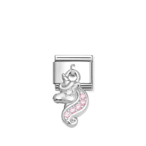 Composable Classic Link Anhänger Einhorn mit rosa Steinen Link in Edelstahl mit buntem Anhänger in 925er Silber und Cubic Zirkonia