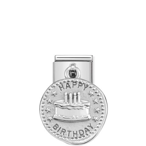 Classic Composable Happy Birthday Cake Link Link with Cake and Birthday Wishes Pendant in Sterling Silver