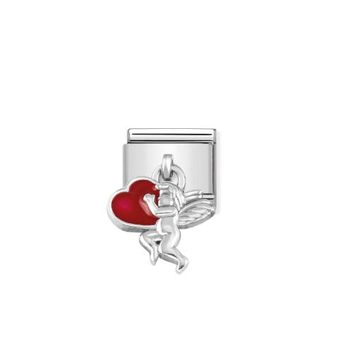 Link Composable Classic Pendentif Cupidon en Argent Link en Argent 925 et Émail avec Pendentif symbole imaginaire Cupidon et Cœur Rouge