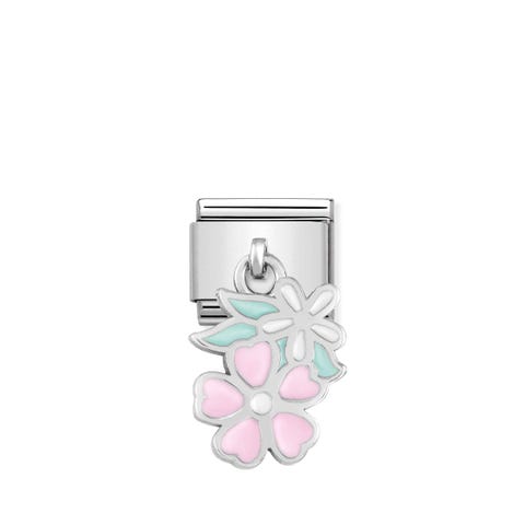 Link Composable Classic Pendentif Fleurs en Argent Link en Argent 925 et Émail Symbole avec Pendentif Blanc et Rose Fleurs