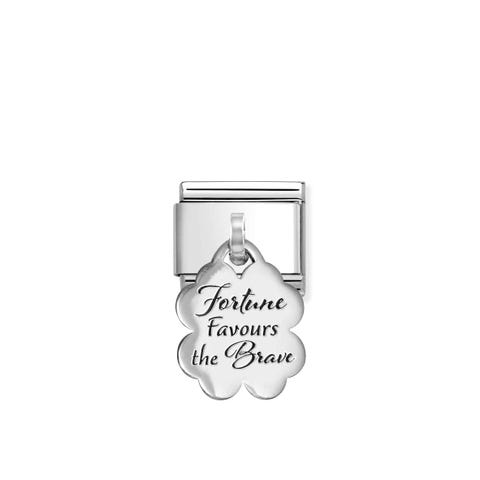Composable Classic Link, FORTUNE FAVOURS THE BRAVE Clover pendant Stainless steel Link wtih sterling silver Clover Pendant and Black engraving