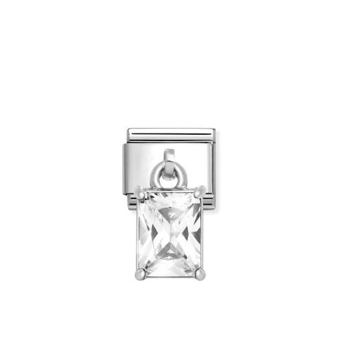 Composable Classic Link, Pendant Rectangular Baguette Cut Stone, White Stainless steel Link, pendant symbol with White Cubic Zirconia