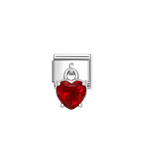 Composable Classic Link, Pendant Heart Cut Stone, Red Stainless steel Link with pendant and coloured stone