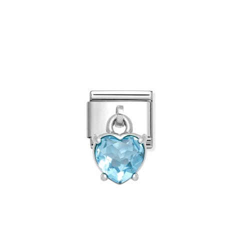 Composable Classic Link, Pendant Heart Cut Stone, Light Blue Stainless steel Link with colourful pendant in sterling silver