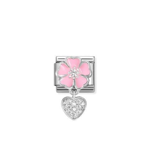 Composable Pendant Link, Silver, Flower and Heart Link with sterling silver with white Cubic Zirconia and Pink enamel