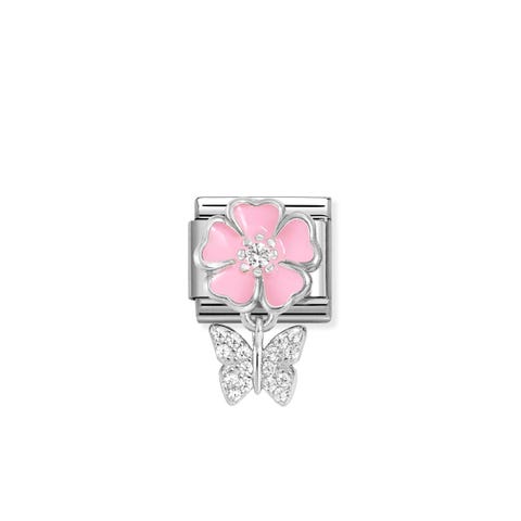 Composable Classic Link, Pink Flower, Butterfly pendant Stainless steel Link with sterling silver with enamel and Cubic Zirconia pendant