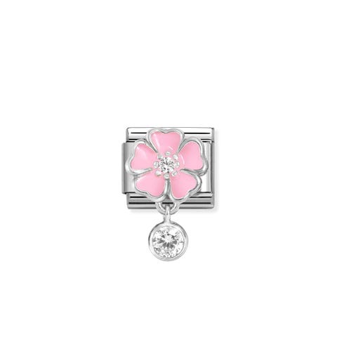 Composable Classic Link, Pink Flower, CZ pendant Stainless steel Link with coloured flower and round stone pendant